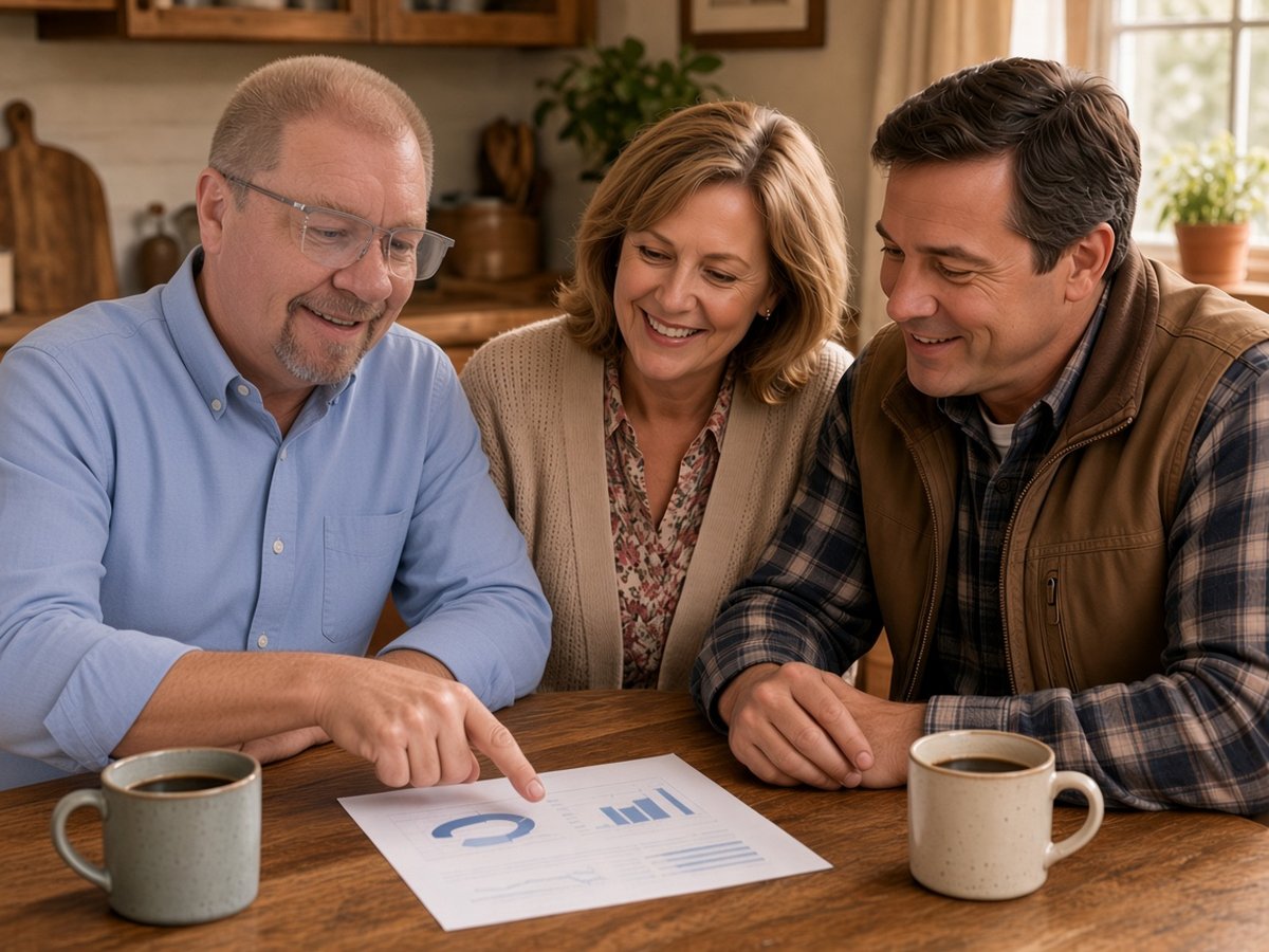 Jerry Hall at a kitchen table reviewing a retirement plan with a couple